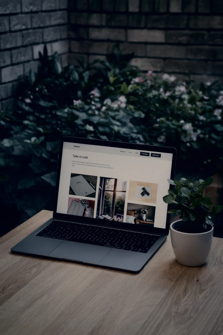 Open laptop on a wooden table next to a potted plant