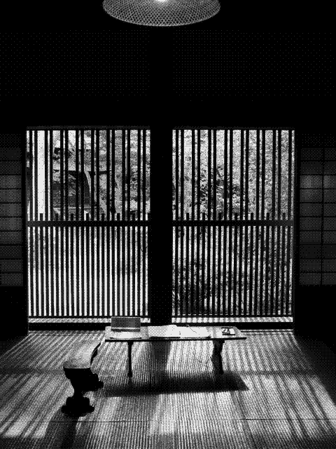 Japanese study room with tatami mats, lit by the garden through wooden lattices